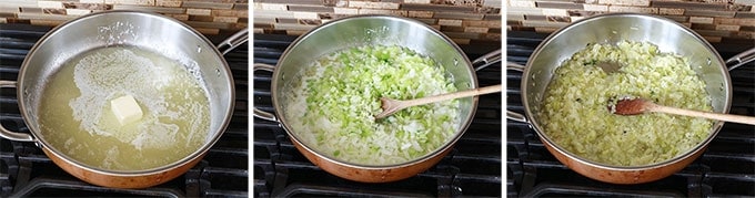Dans une grande poêle, cuisson du céleri, oignon et ail dans le beurre
