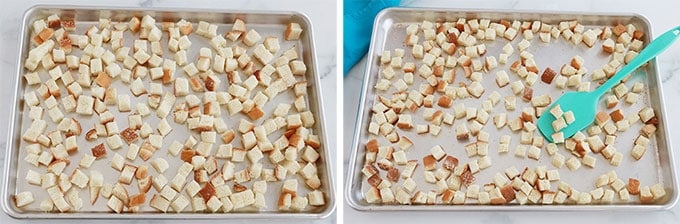 Dans une plaque : cube de pain de mie avant et après séchange au four