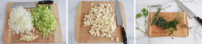 Dans des planches à découper : pain de mie, fromage mozzarella, herbes aromatiques