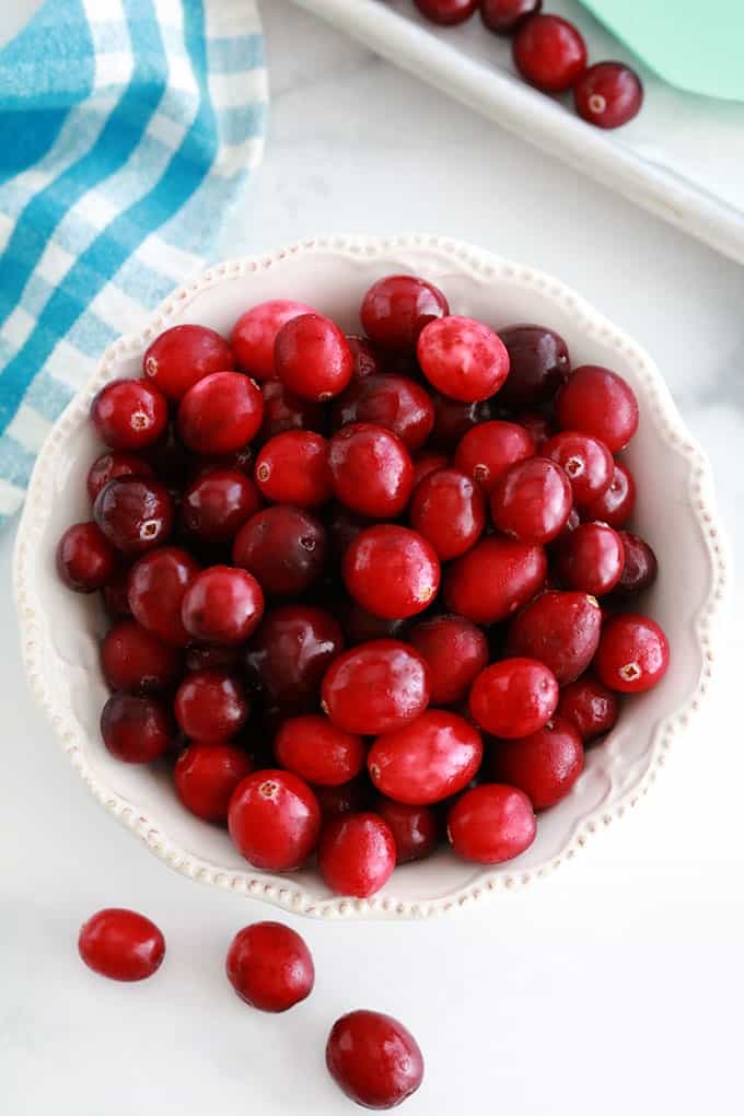 Canneberges fraîches dans un bol (cranberries ou atocas)