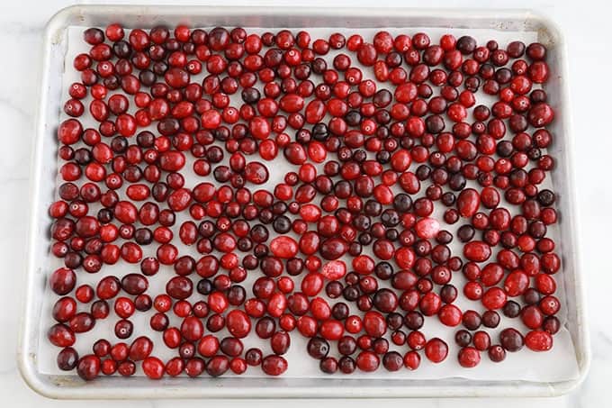 Canneberges fraîches (cranberries) dans une plaque à pâtisserie