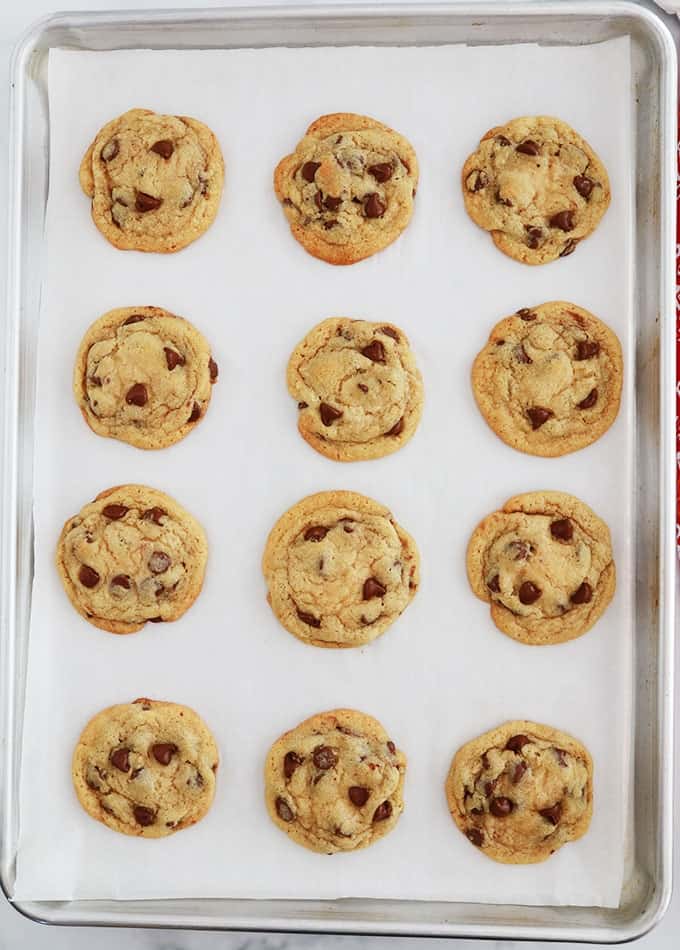 12 Cookies aux pépites de chocolat dans une plaque juste après cuisson 