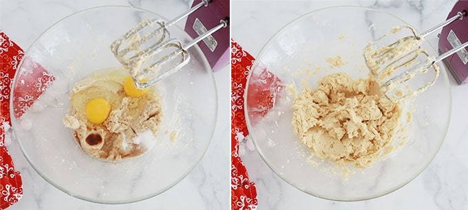 Dans le bol : beurre crémé avec du sucre et de la cassonade, oeufs, vanille, sel et bicarbonate de soude.