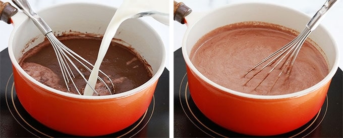 Dans une casserole, cacao en poudre, sucre et lait en train de chauffer