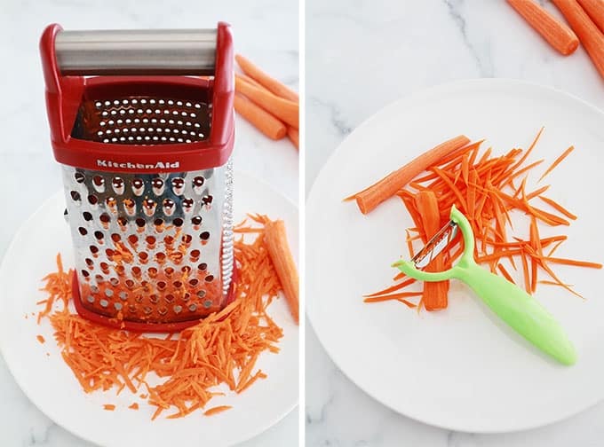 Carottes râpées manuellement : gros trous de la boîte à rape et coupées en julienne avec un couteau julienne