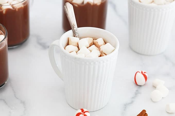 Cacao chaud américain Hot cocoa dans des mugs avec morceaux de guimauve