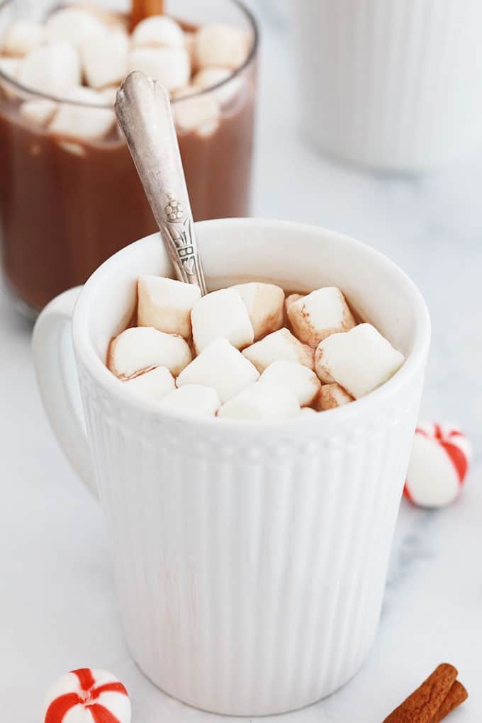 Cacao chaud américain Hot cocoa dans des mugs avec morceaux de guimauve