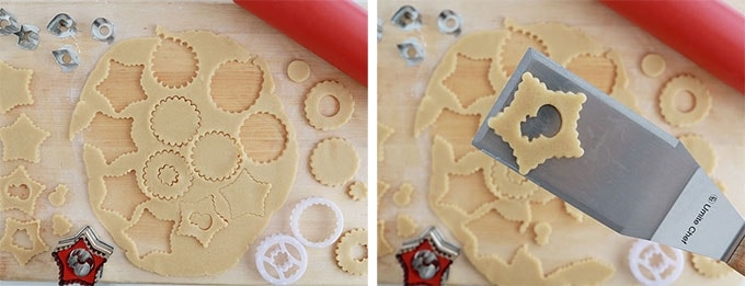Photo à gauche : Pâte à sablés Linzer abaissée et des formes découpées avec emportes pièces Noel. Photo à droite : biscuit linzer cru en forme de bonhomme de neige soulevé avec une spatule fine.