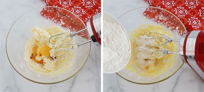 Bol à gauche : beurre et sucre fouettes. Bol a droite : ajouter melange farine, amandes moulues et cannelle.