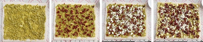 4 photos pâte feuilletée rectangulaire garnie : pesto, tomates séchées, feta puis olives hachées