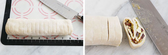 Photo à gauche : sur un plan de travail, un rouleau de pâte feuilletée garnie marqué au couteau, photo à droite : découpage du rouleau en tranches