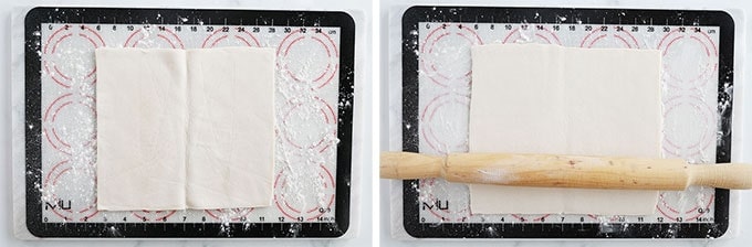 Photo à gauche, une pâte feuilletée rectangulaire sur un plan de travail feuilleté, à droite : pâte feuilletée abaissée légèrement au rouleau à pâtisserie