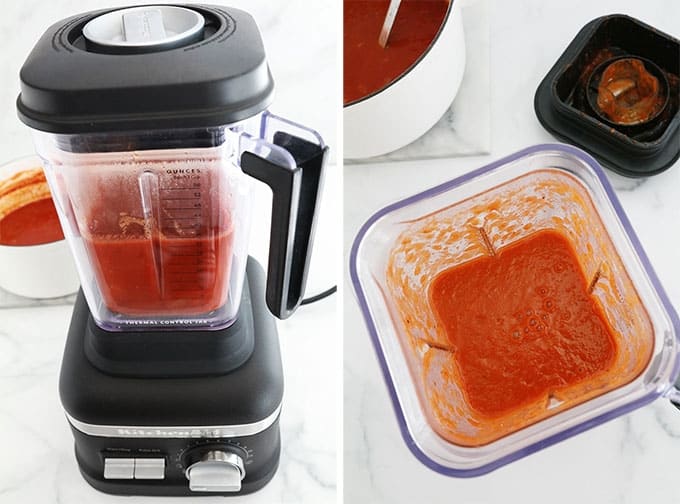 Soupe de tomate mixee dans un blender.